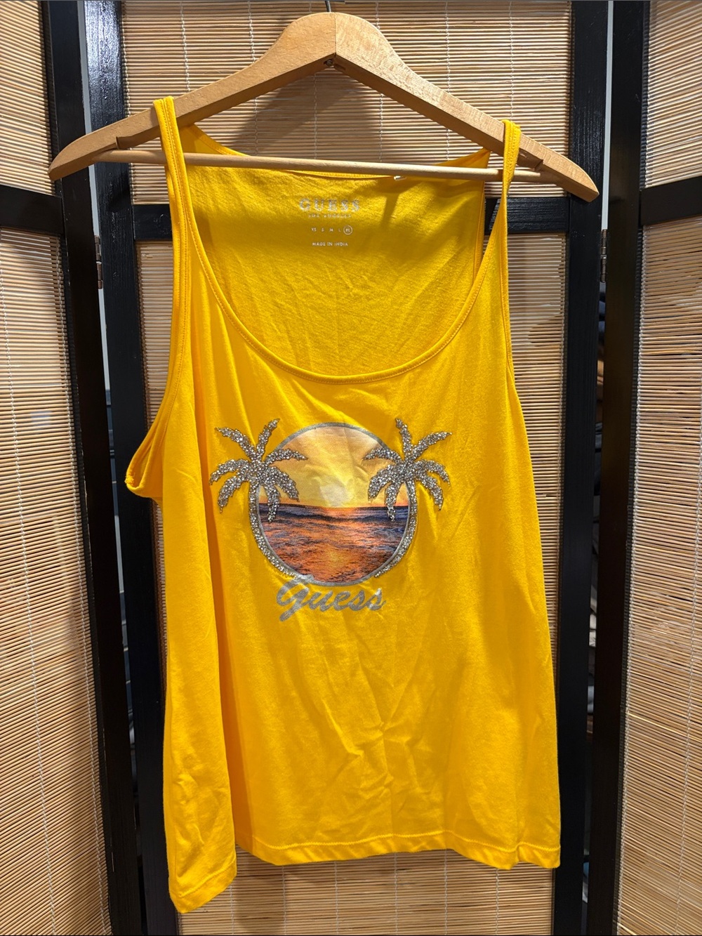Guess Yellow Glitter Palm Sunset Tank